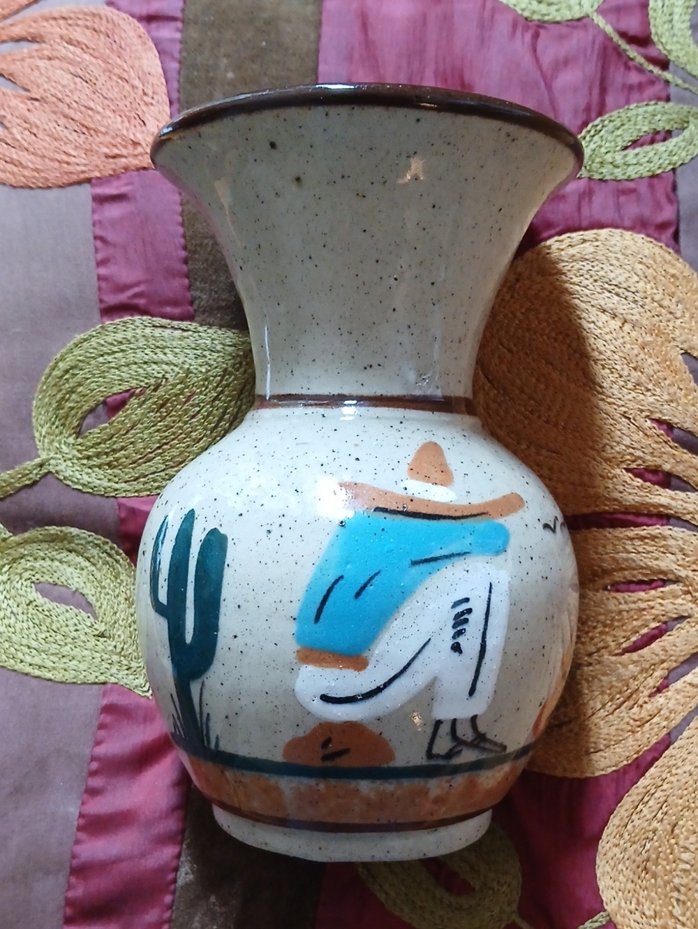 Hand-Painted Mexican Ceramic Vase in Cream and Turquoise From Tonola Mexico